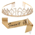 Ensemble d'anniversaire Sweet 16 doré avec couronne strass et écharpe à paillettes - Ensemble Couronne et Écharpe Doré
