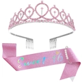 Coffret Sweet 16 avec couronne de strass roses et écharpe pailletée avec perle - Ensemble Couronne et Écharpe Rose