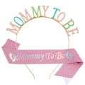 Pink glittery Mommy To Be sash and colorful enamel tiara set for baby shower parties - One Size / Colorful Headband and Pink Sash
