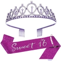Set d'anniversaire Sweet 16 avec diadème en strass et écharpe à paillettes fuchsia - Ensemble Couronne et Écharpe Violet