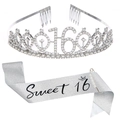 Coffret 16e anniversaire argenté avec écharpe pailletée et diadème en strass - Ensemble Couronne et Écharpe Argent