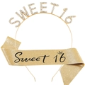 Set d'anniversaire Sweet 16 doré avec serre-tête strass et écharpe pailletée pour fille - Doré
