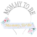 Ensemble diadème argenté et écharpe en satin blanc Mommy To Be avec motifs floraux - Écharpe Rose et Diadème Argenté