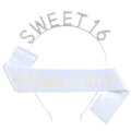 Set compleanno Sweet 16 con cerchietto in strass argentati e fascia in raso azzurro chiaro - Tiara Argento + Fascia Oro Bianco