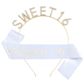 Golden Sweet 16 rhinestone crown headband and white satin sash birthday set - One Size / Gold Tiara + White Gold Sash
