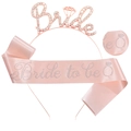 Rose gold bride headband and pink sash set with crystal rhinestones for bachelorette party - Rhinestone Headband and Satin Sash / Rose Gold and Champagne