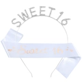 Sweet 16 birthday set with silver rhinestone headband and blue satin sash - One Size / Silver Tiara + White Rose Gold Sash