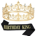 Corona dorata con gemme blu e fascia Birthday King nera da uomo per feste - Stile Nero Oro