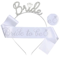 White Bride To Be satin sash with rhinestone lettering and matching crystal tiara set - Rhinestone Headband and Satin Sash / Silver & White