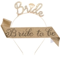 Champagne gold Bride to Be sash and rhinestone crown tiara set for bridal showers - Rhinestone Headband and Glitter Sash / Gold and Champagne