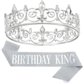 Set Birthday King argento con corona a giglio e fascia glitterata coordinata - Stile Luccicante Argento