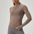Dames slim-fit yoga-top met halve rits in aardebruin met handige duimgaten - S / Mocha