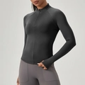 Donkergrijze yoga-top voor dames met halve rits, opstaande kraag en lange mouwen - S / Zwart