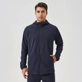 Dunkelblaue winddichte Herren-Sportjacke mit Kapuze, Reißverschluss und elastischen Bündchen - S / Marineblau