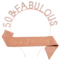 Set 50 ans avec diadème en strass or rose et écharpe rose pailletée pour femme - Or Rose 50ème Anniversaire (FG222+JD151)