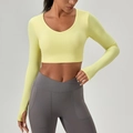 Lichtgele crop top met lange mouwen en duimgaten en grijze legging met hoge taille - S / Puddinggeel