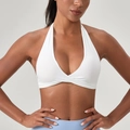 Sujetador deportivo blanco con cuello halter, escote en V profundo y detalle de nudo - S / Blanco