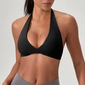Sujetador de yoga halter negro con cuello en V profundo y detalles cruzados fruncidos ceñidos - S / Negro