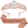 Set con fascia di compleanno princess e corona di cristallo strass oro rosa - Taglia unica / Tessuto Glitter Oro Rosa E Corona Oro Rosa