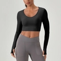 Dames zwarte yoga top met lange mouwen, duimgaten en grijze legging met gekruiste taille - S / Zwart