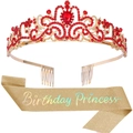 Set fascia compleanno dorata e corona con strass rossi per decorazioni di feste - Taglia unica / Tessuto Glitter Iridescente Oro E Corona Rossa