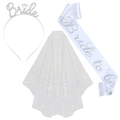 3-teiliges Bride to Be Set mit Strass-Haarreif, Satinschärpe und weißem Brautschleier - Weißes Satin-Set