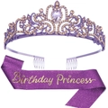 Set corona di cristallo viola e fascia glitterata per decorazione festa di compleanno - Taglia unica / Tessuto Glitter Viola Con Testo Oro E Corona Viola