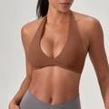 Soutien-gorge de sport dos nu marron avec encolure croisée et bande élastique unie - S / Hauts / Brun Cacao