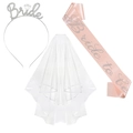 Set mit Bride to be Schärpe in Rosa, silbernem Diadem und zweilagigem weißem Schleier - Champagner-Satin-Set