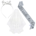 Silbernes Bride to Be Set mit Strass-Haarreif, weißem Schleier und Glitzerschärpe - Silber-Glitzer-Set