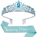 Set corona da principessa compleanno azzurro e fascia glitterata per decorazione festa - Taglia unica / Tessuto Glitter Iridescente Blu Lago E Corona Blu Lago