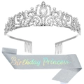 Corona di cristallo argento con set fascia Birthday Princess per decorazione festa di compleanno - Taglia unica / Tessuto Glitter Iridescente Argento E Corona Bianca K