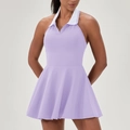 Lavender tennis dress with white polo collar and halter back for outdoor sports - S / Purple