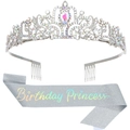 Set corona di compleanno argento e fascia glitterata con strass di cristallo - Taglia unica / Tessuto Glitter Iridescente Argento E Corona Bianca K Con Strass AB