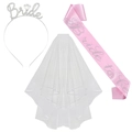 Rosa Bride to be Schärpe mit silberner Krone und doppellagigem weißem Schleier Set - Weiß-Rosa-Set