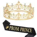 Golden crystal crown and black Prom Prince sash set for party celebrations - Prom Prince Black Gold