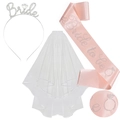 Silbernes Bride Stirnband mit weißem Schleier und rosa Bride To Be Schärpe 3er-Set - Weiß-Champagner-Satin-Set