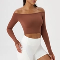 Top da yoga marrone a maniche lunghe con spalle scoperte in tessuto elastico - S / Marrone Caramello