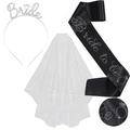 3-teiliges JGA-Set für die Braut mit Tiara, weißem Schleier und schwarzer Schärpe - Weiß-Schwarz-Satin-Set