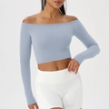 Top yoga aderente con spalle scoperte blu nebbia in tessuto sportivo elasticizzato - S / Blu Nebbia