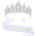 Silver crystal queen crown with white satin Queen sash for birthday party set - White Queen Set