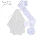 Weiße Bride to be Schärpe und silbernes Diadem mit Strass sowie ein lagiger Brautschleier - Reinweißes Satin-Set
