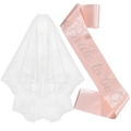 Bride to be Set mit weißem doppellagigem Schleier und einer rosa Glitzer-Schärpe - Roségold-Satin-Zweiteiler-Set