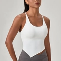 Slim fit white yoga tank top with thin straps and a unique V-shaped pointed hemline - S / White