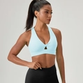 Light blue V-neck sports bra featuring front twist detail and hollow-out design - Sky Blue