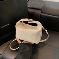 Bolso almohada tejido beige minimalista con elegante cierre dorado y correa delgada - Blanco