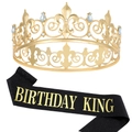 Golden fleur-de-lis crown with blue rhinestones and Birthday King sash party set - BIRTHDAY KING Black Gold Glitter