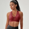 Women's burgundy sports bra featuring a twist front design and high-elastic fabric - Burgundy