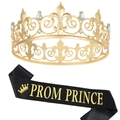 Golden crystal crown and black Prom Prince sash set for party celebration decorations - PROM PRINCE Black Gold (Iron Crown Style)