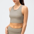 Ribbed high elastic yoga crop top in khaki brown color with racerback design - XS / Tops / Khaki